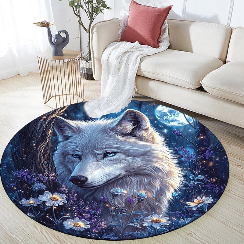 Wolf in Moonlit Round Area Rug,Carpet Rug for Living Room Bedroom Sofa Playroom Decor,Non-slip Floor Mat