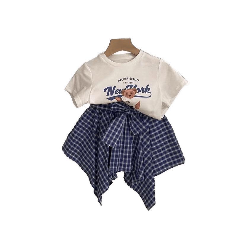 2025 Korean Style Girls' Summer Set: Short Sleeve T-shirt & Irregular Plaid Skirt Pants