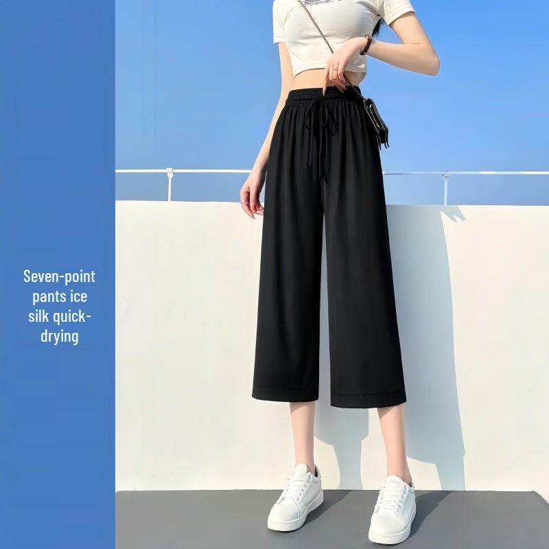 

Ice Silk Wide-Leg High-Waisted Pants for Petite Women - Summer Thin, Loose, Straight-Leg, Cool and Drapey 2XL (120-130 lbs)