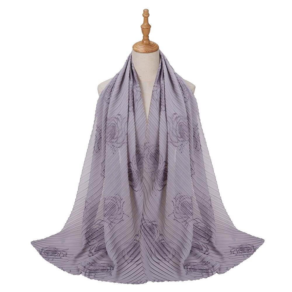 Women Pearl Chiffon Pleated Chiffon Hijab Scarf Islamic Clothing Headscarves Flower Shawls Headwraps For Ladies 70*165Cm
