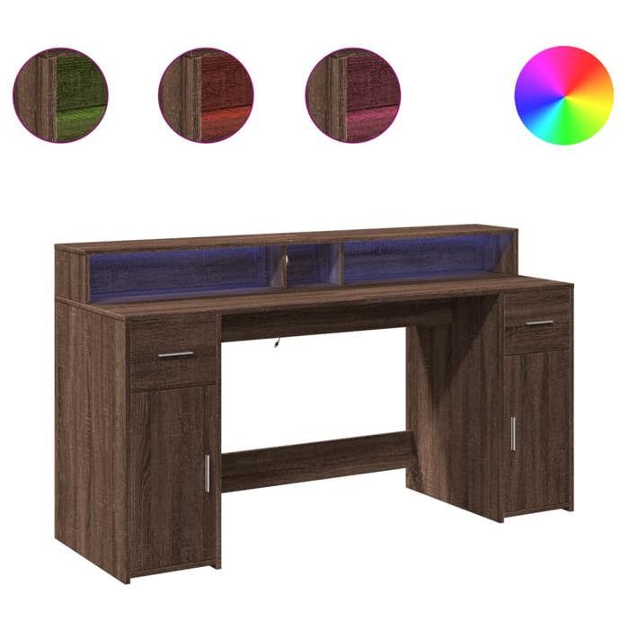 VidaXL Desk and LED Lights Brown Oak Engineered Wood, Work Desk, Study Desk, Home Office Desk, Desk 3309435