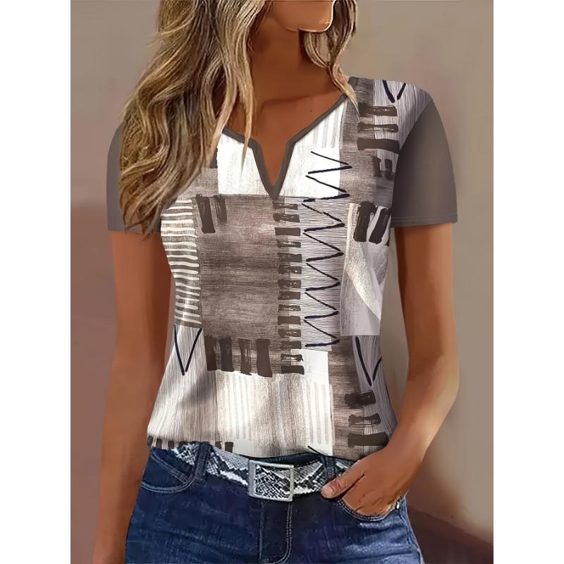2025 Новый летний женский черно-белый клетчатый принт футболка V-образный вырез короткий рукав повседневный базовый топ женский летний пуловер S