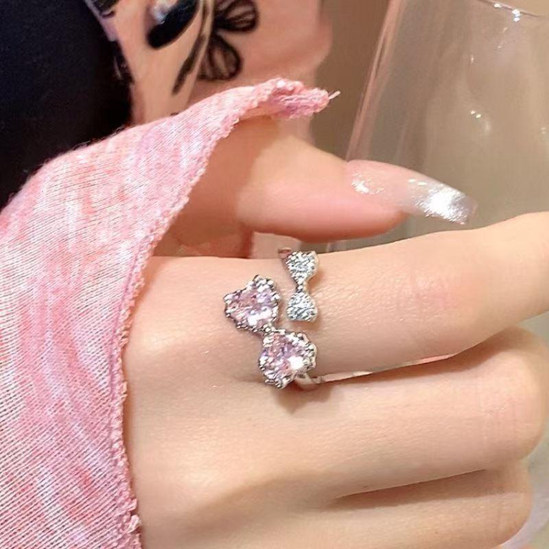 Pink diamond bow ring, women's light luxury temperament index finger ring, niche design, high-end fashion ring