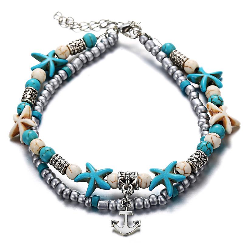 Bohemian Multi-layer Starfish Turtle Anklets For Women Vintage Elephant Owl Beads Chain On Leg Ankle Bracelet Beach Jewelry