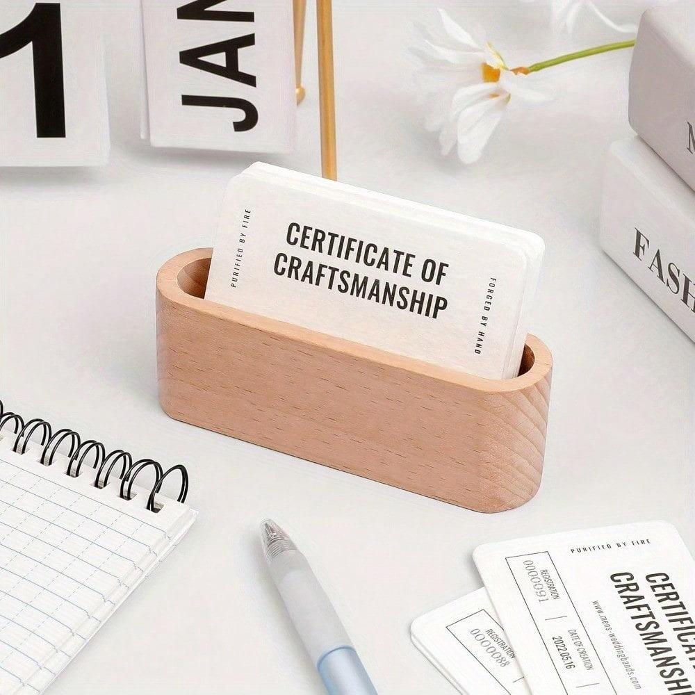 Wooden Business Card Holder with Pen Slot Desktop Display Stand Memo Note Holder and Storage Organizer Office Desk Accessory