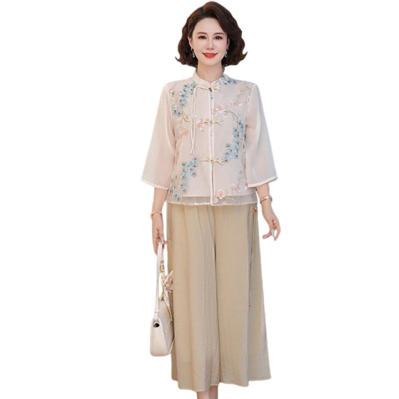 Mom's New Chinese Style Chiffon Shirt - Seven-Sleeve Top for Spring & Autumn