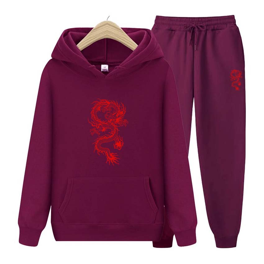 Mikina s dlouhým rukávem Jogging kalhoty Patchwork Fitness Run Suit Módní Dragon Print Teplákové soupravy Pro ženy Muži Oblečení s kapucí