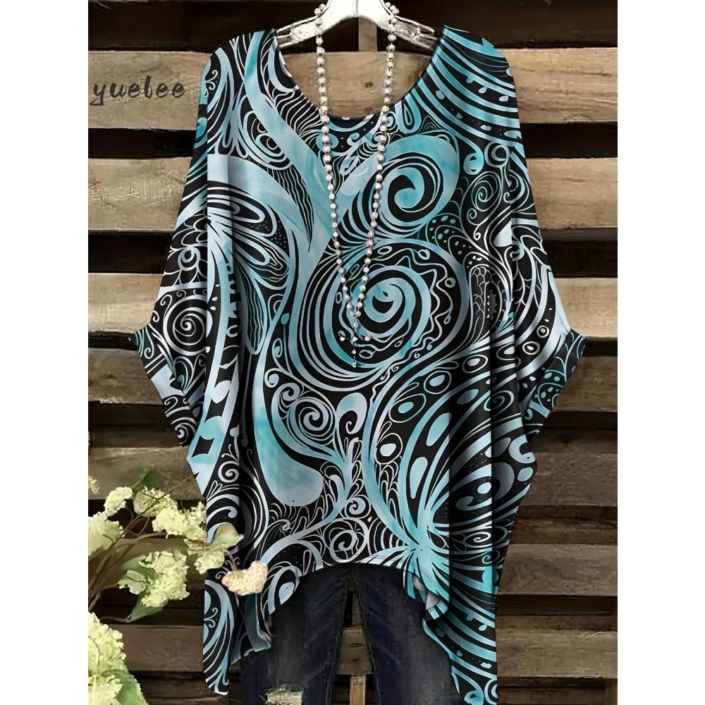 Tessuto Estivo Imitazione Denim Stampa Tie-Dye Orlo Irregolare Girocollo Manica Corta da Donna Abbigliamento Casual da Esterno da Donna