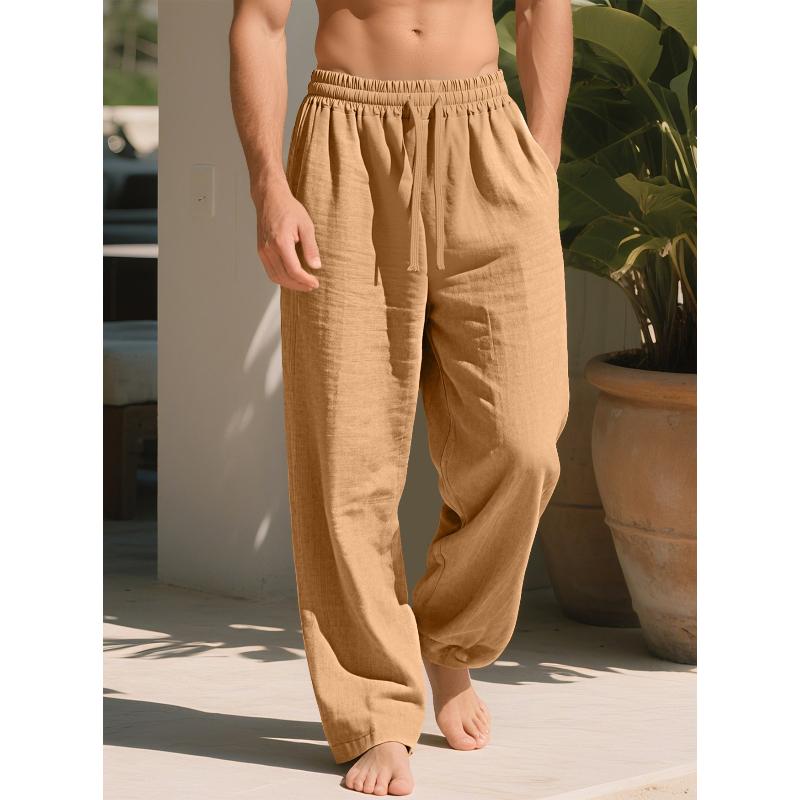 Men's Linen Pants Lightweight Drawstring Elastic Waist Loose Fit Straight Legs Pants With Pockets Breathable Beach Yoga Work Linen Trousers for Men
