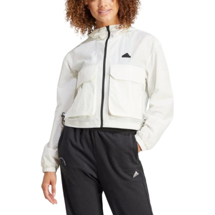 adidas Solid Color Fitted Zip-Up Cropped Hoodie Jacket Women Outerwear Beige IS0660