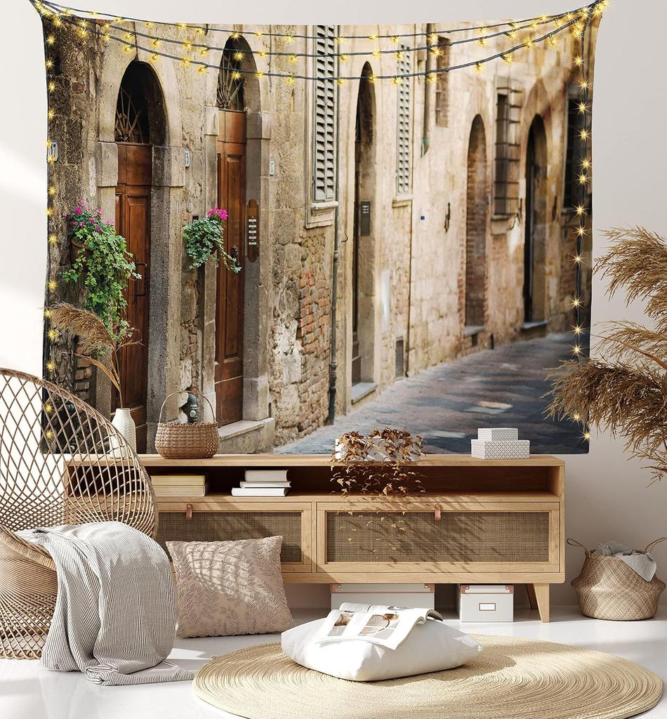 Landschafts-GobelinStraße Wein Altes Haus in Italien Toskana Straße Florale Details Unscharfer HintergrundBreites Wandbehang für Schlafzimmer