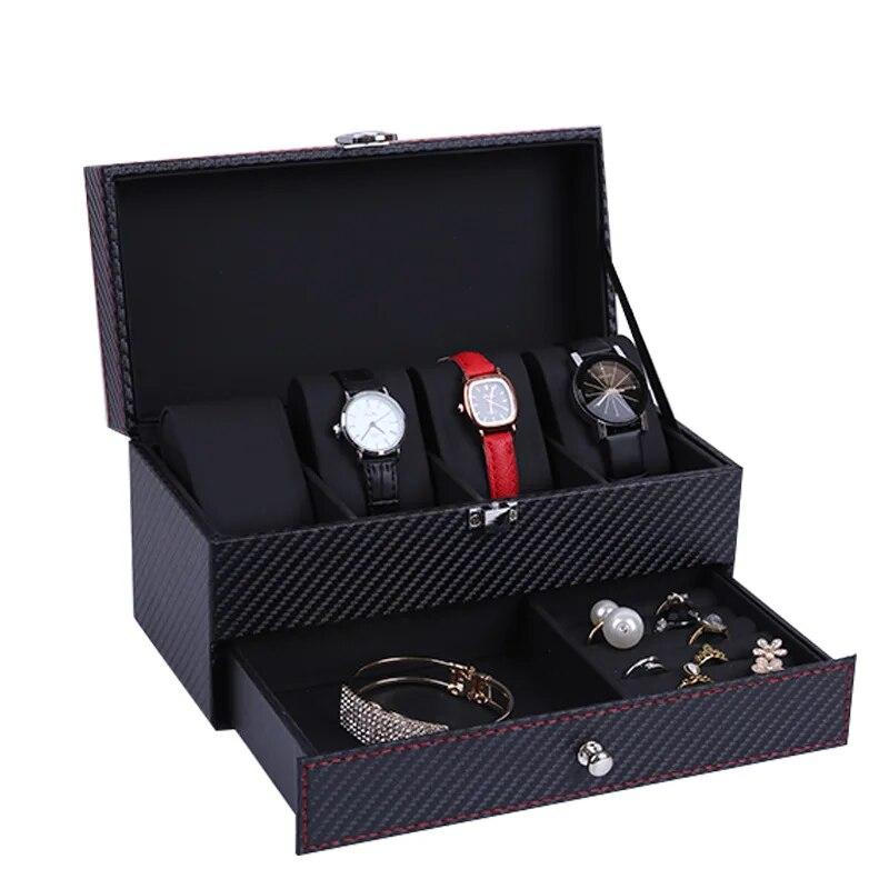 Classic Watch Box PU Leather Jewelry Organizer Travel Display Case for Men /Women,4 Slots Magnetic Top,Black