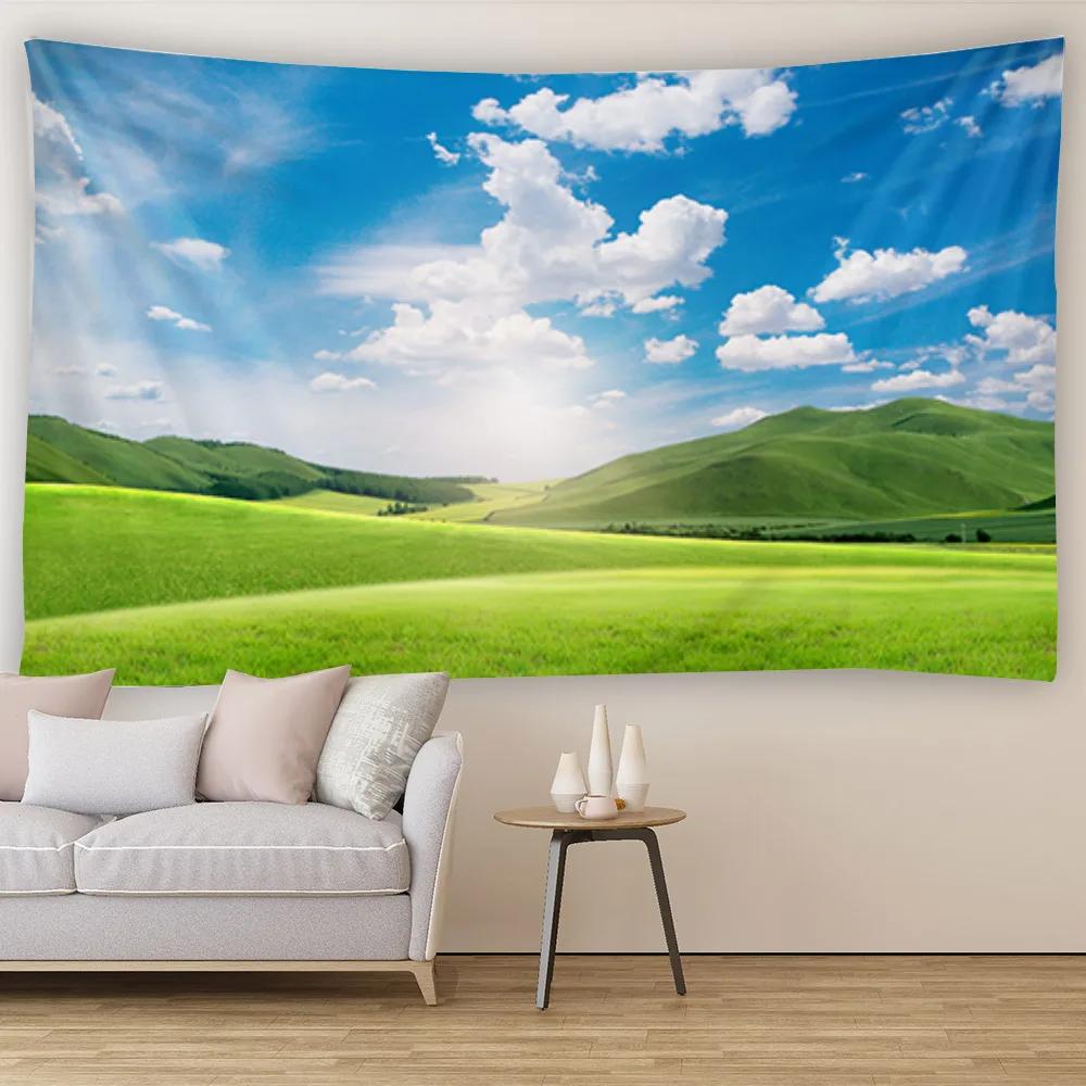 Blanket Curtain Bedroom Living Room Decoration Blue Sky White Cloud Grassland Wall Hanging Tapestry Art
