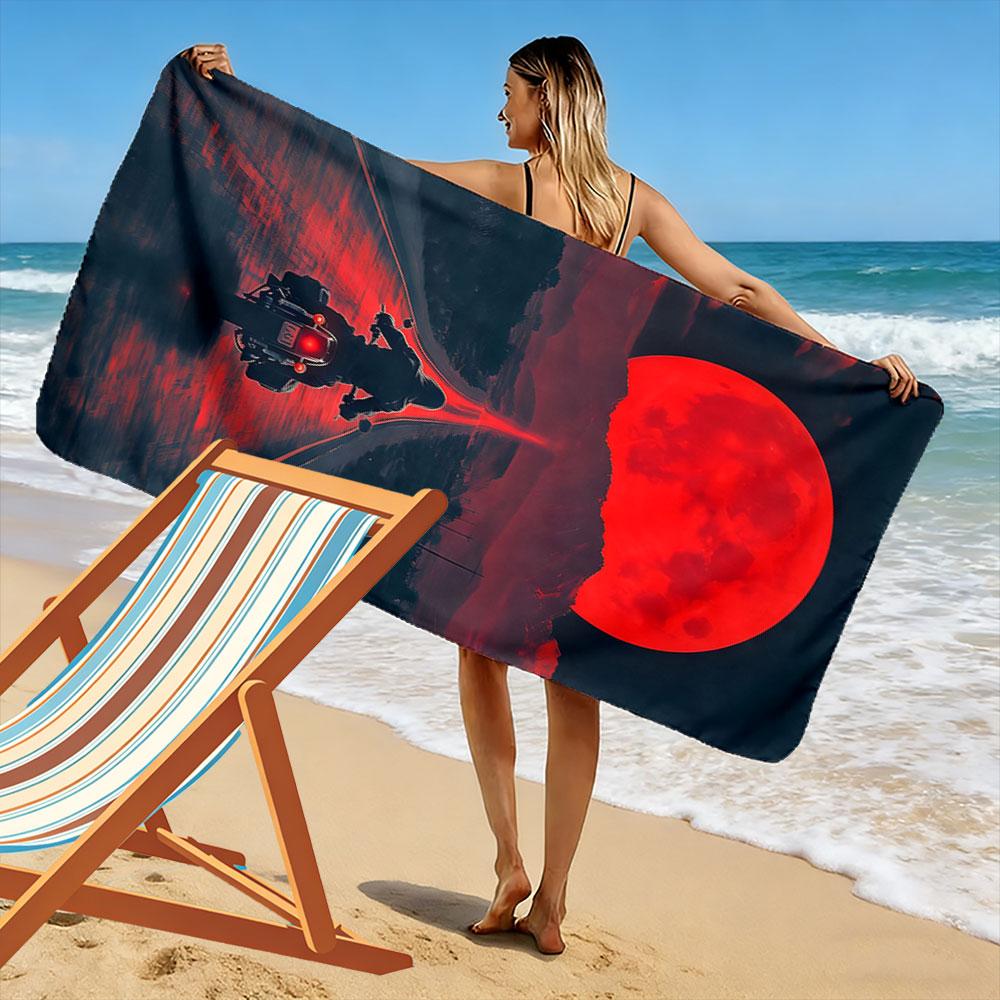 Ride under crimson skies. Print beach towel, quick drying, suitable for travel, outdoor sports, jogging, the beach and swimming, gift
