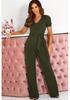 Combinaison Élégante d'Été 2025 pour Femmes - Col en V, Ceinture à Nouer, Couleur Unie, Manches Courtes, Pantalon Long Large