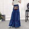 90cm Length Denim Skirts Women's Elastic High Waist Button Shirring Patchwork Ruffle Long Skirt Casual Blue Skirts Streetwear
