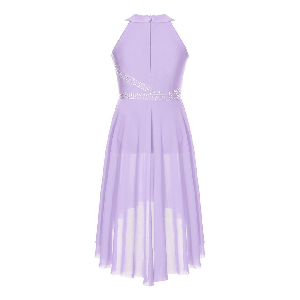 Kids Sleeveless Ruched Dance Dress with Rhinestones for Latin & Contemporary Dance