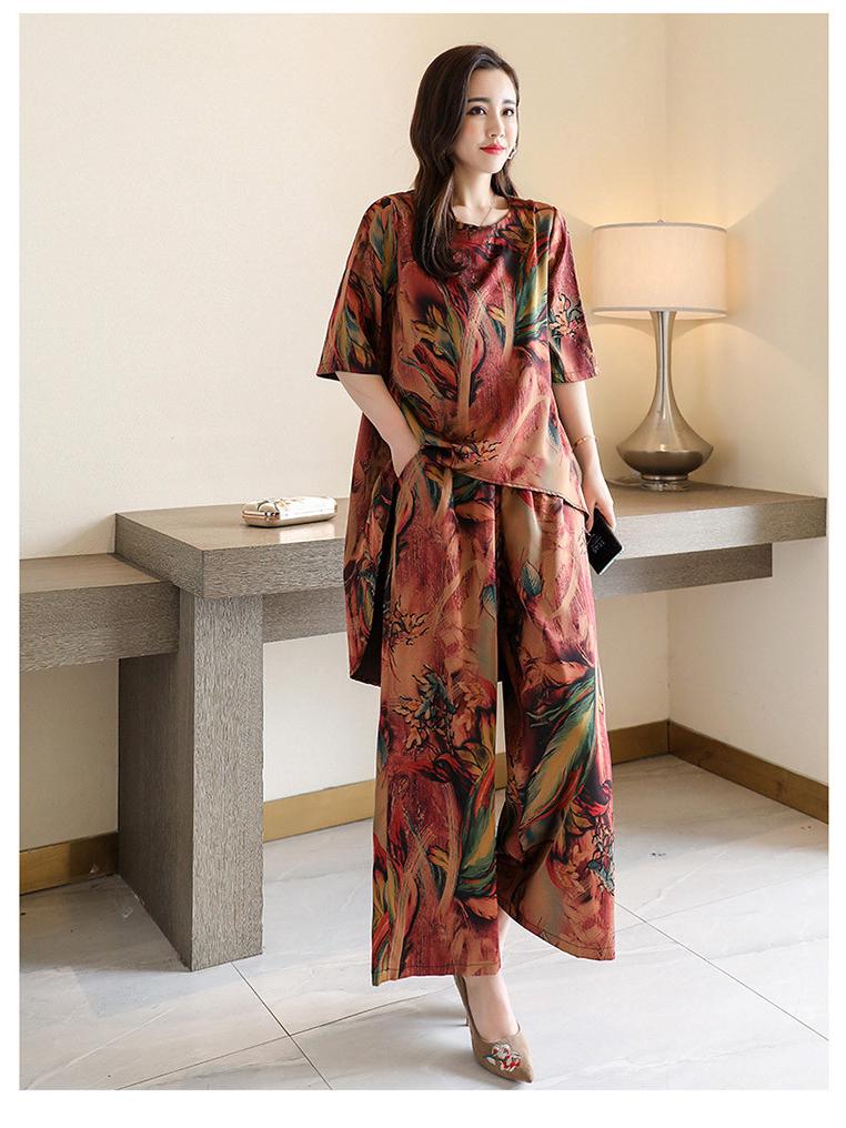 2024 Sommer Damen Retro Print Zweiteiliger Anzug: Modische Bluse mit lockerer Passform und Hose mit weitem Bein