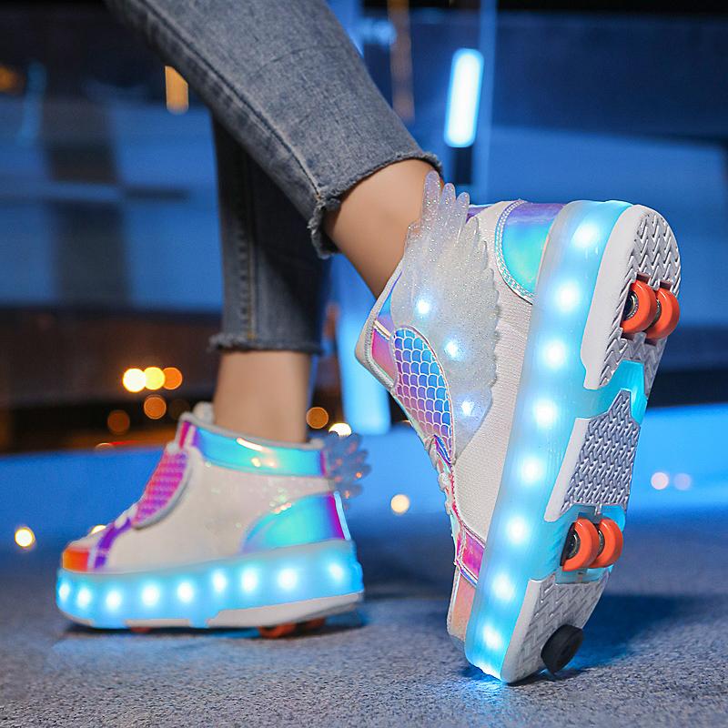 Kid's Four-wheel Detachable Flat Shoes Rechargeable LED Luminous Sports Shoes with Wings Children's Skates with Brakes Roller Skates sneakers
