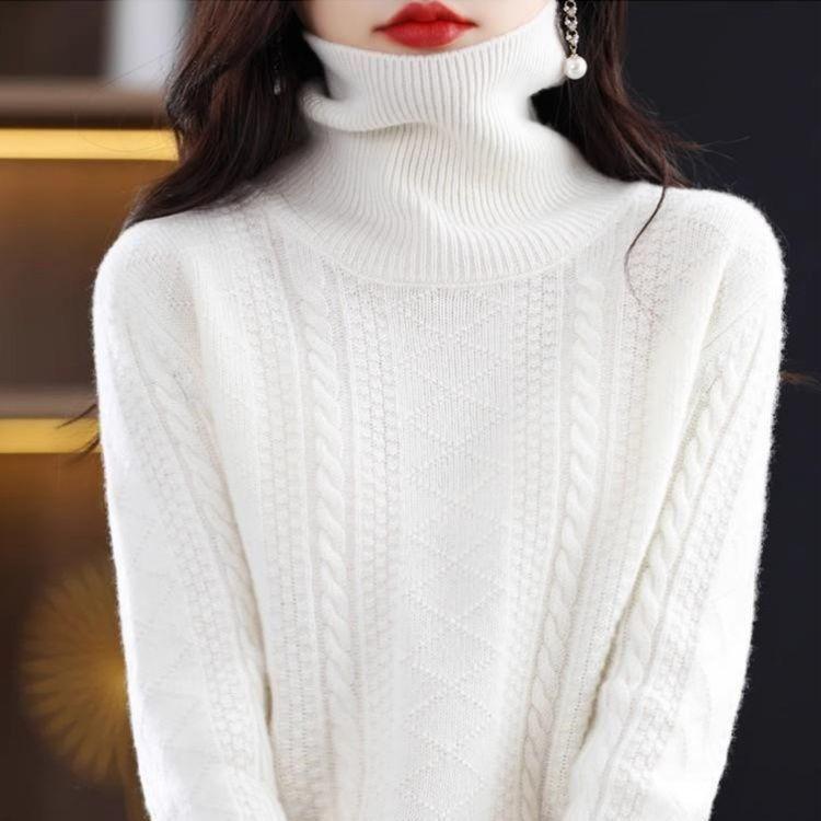 Dámský luxusní svetr s vysokým límcem Podzimní a zimní volný zesílený pletený základní kousek s krátkým rukávem a spadlým límcem