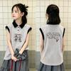 Girls' Summer Color Block Cotton Vest T-shirt - Fashionable Sleeveless Lapel Top for Medium and Large Children