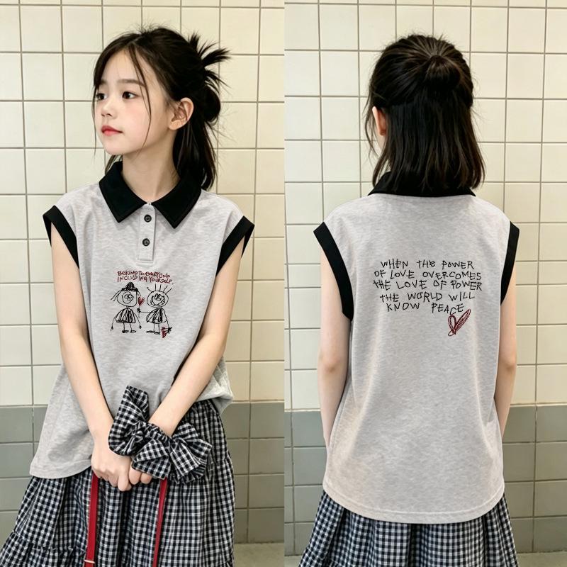 Girls' Summer Color Block Cotton Vest T-shirt - Fashionable Sleeveless Lapel Top for Medium and Large Children