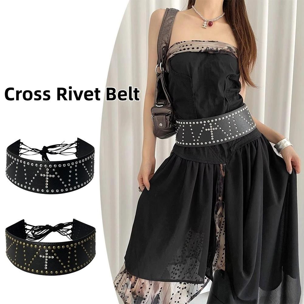 Wide Leather Waist Belt Y2k Women's Dress Belt Retro Cross Rivet Belt Waist Accessories