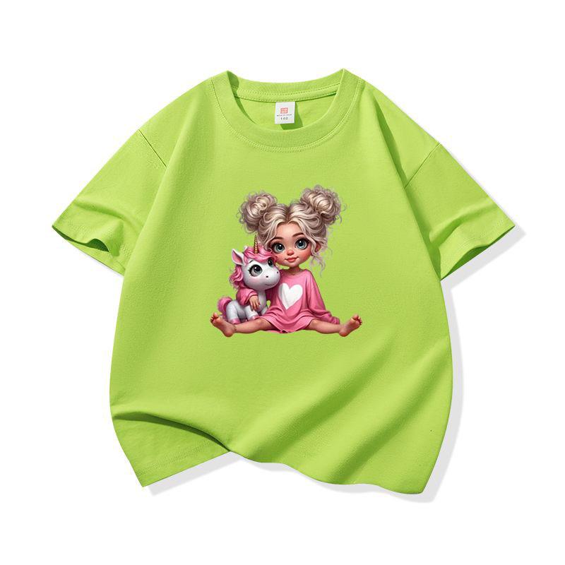 Kids Pure Cotton T Shirt Girl Sitting With Pink Unicorn Print Crew Neck Short Sleeve Tee Casual Boys Girls Summer Tops