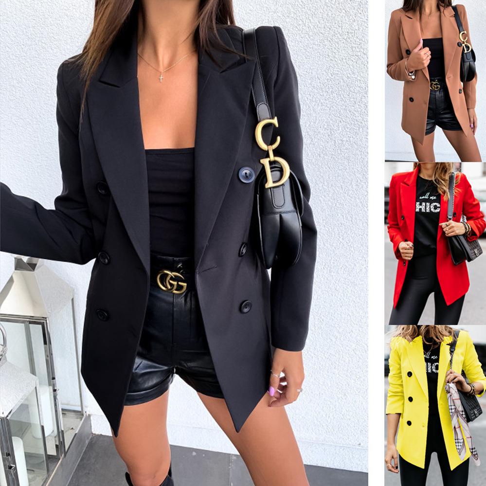 Autumn and Winter New Solid Color Long-sleeved Double-breasted Button Suit Jacket Female Cardigan