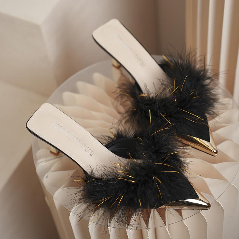 Fashion Women Warm Plush Pointed Toe High Heels Winter Mules Slipper Korean Fashion Design Thin Heels New Flip Flops Pumps Zapatos Mujer