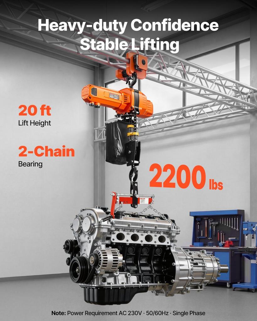 1000 kg Electric Chain Hoist, 6 m Lifting Height, 230V Single Phase Overhead Crane with 4.5 m Wired Remote Control, G100 Chain Electric Lift Hoist for