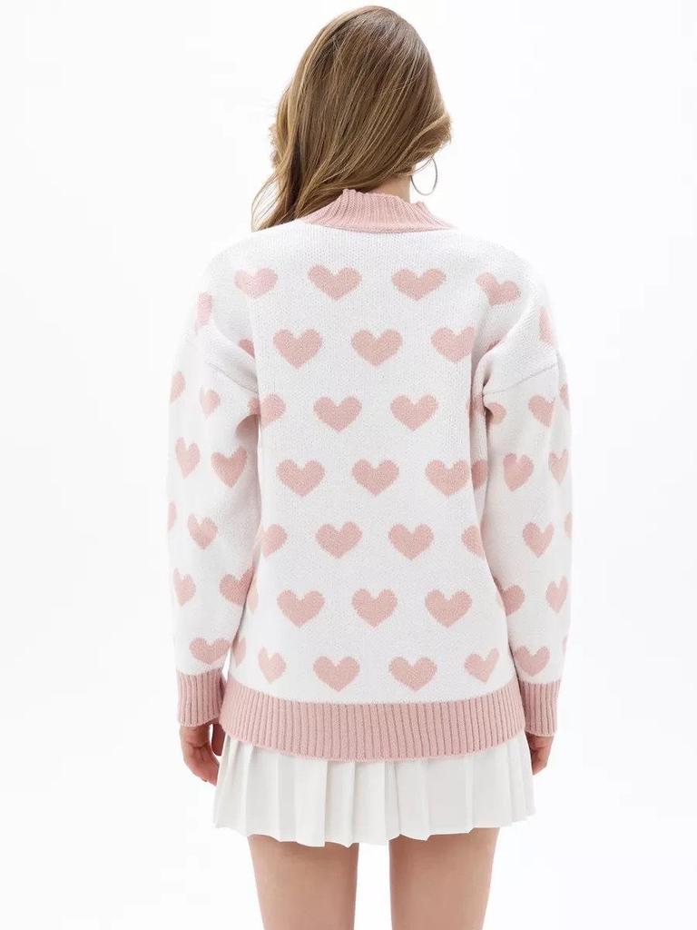 Autumn 2025 V-neck Love Jacquard Knit Cardigan - Long Sleeve Sweater for Women