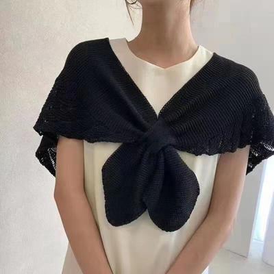 Women Shawl Short Solid Color Knitted Sunscreen Open Stitch Air Conditioner Shawl for Home Wear