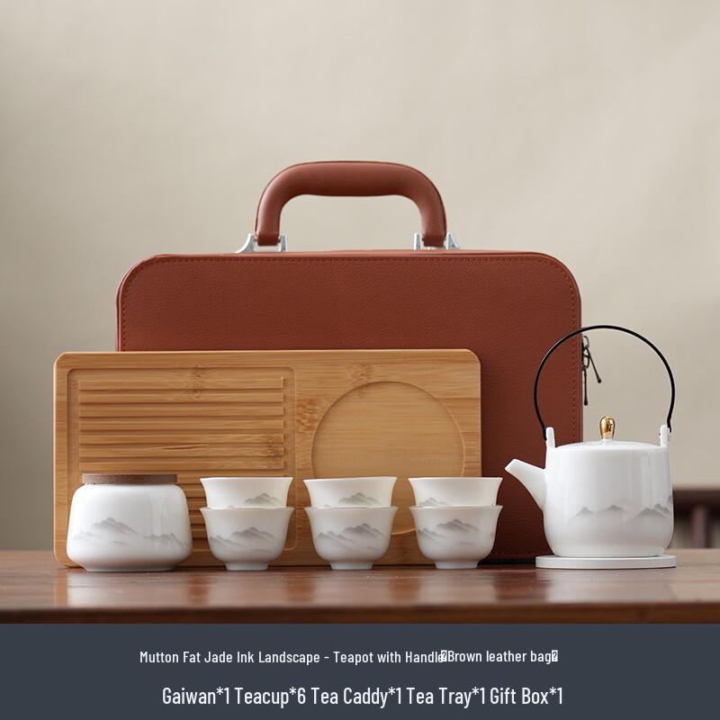 Mutton Fat Jade Ink Landscape Travel Tea Set