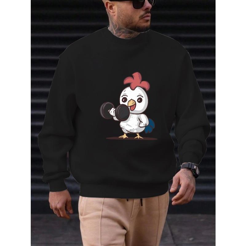 Men's Cartoon Chicken Lifting Dumbbell Casual Crew Neck Sweatshirt.