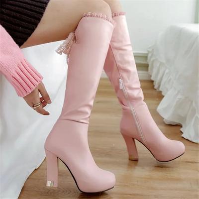 Mode Elegante Frühling Herbst Kniehohe Stiefel Frauen Fashion Square Heel Reißverschluss Spitze Lange Stiefel Frau Lederschuhe Winter Weiß Rosa