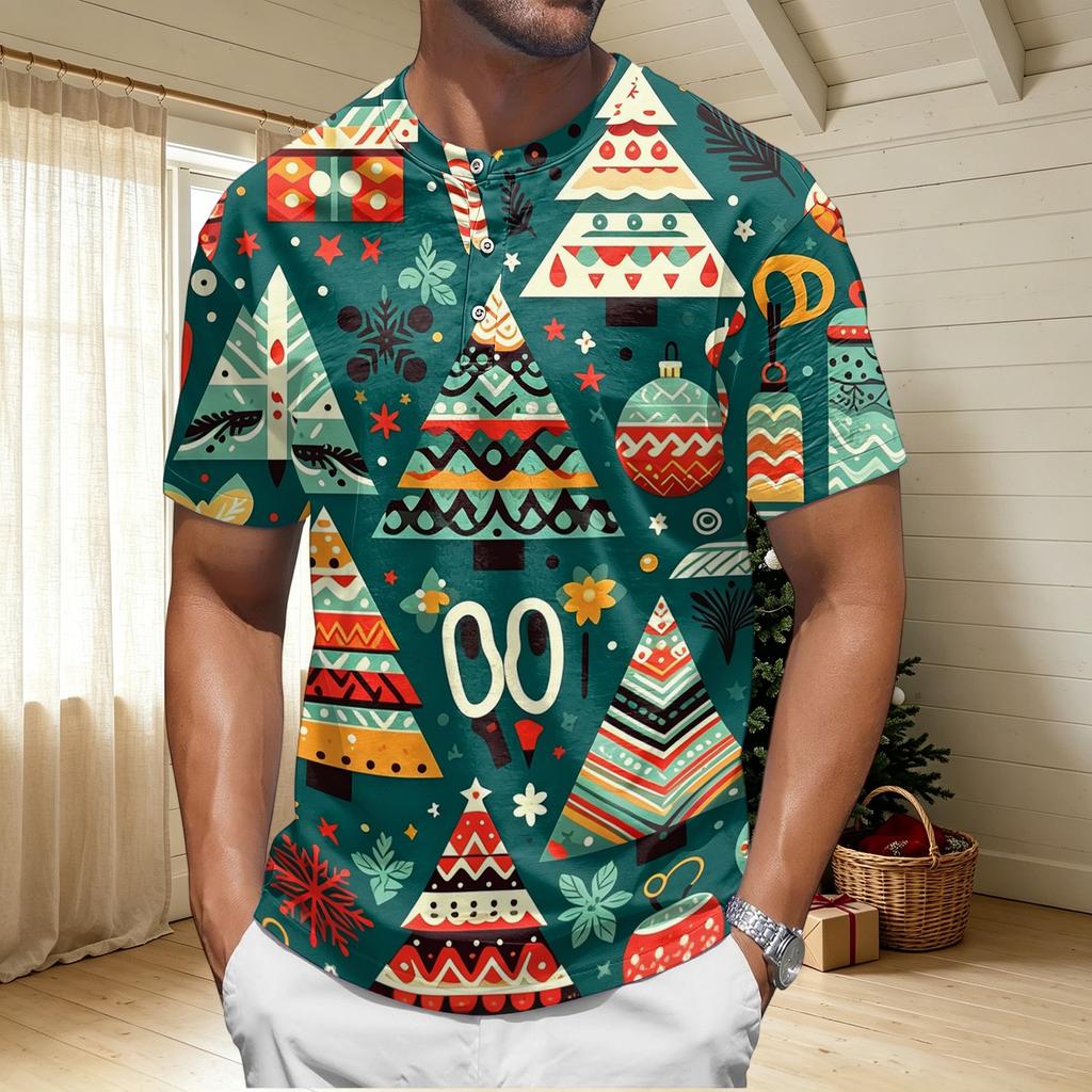 Men's Quick-Dry Neck Short Sleeve T-Shirt with Christmas Print