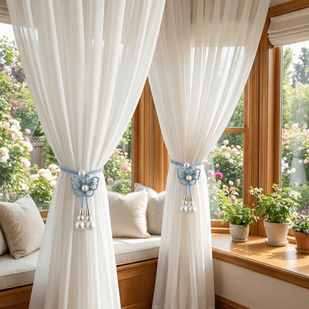 2PCS Curtain Holder Pearl Curtain Buckle Adjustable Curtain Binding Curtains Tie Rope  Kitchen