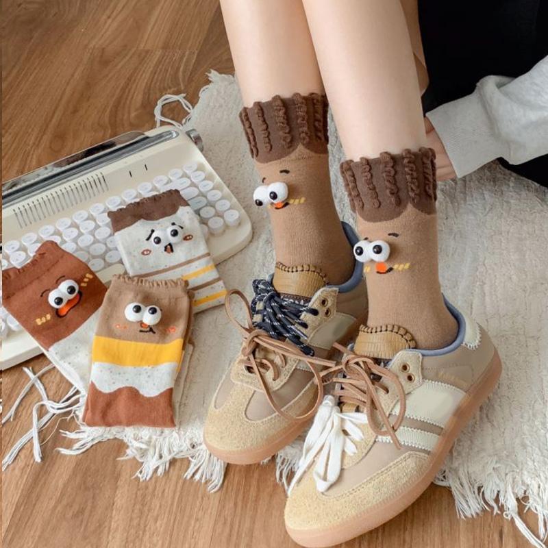 1 Paire Chaussettes Expressions Automne Hiver Pour Femmes Filles Chaussettes Créatives Mi-Mollet Chaussettes Drôles Mi-Mollet Chaussettes en Coton 3D Grands Yeux