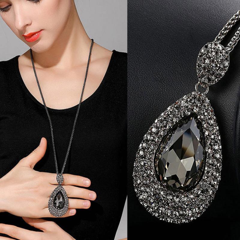 Vintage Long Chain Pendant Necklace For Women Fashion Gray Water Drop Crystal Sweater Chain Party Jewelry Gift