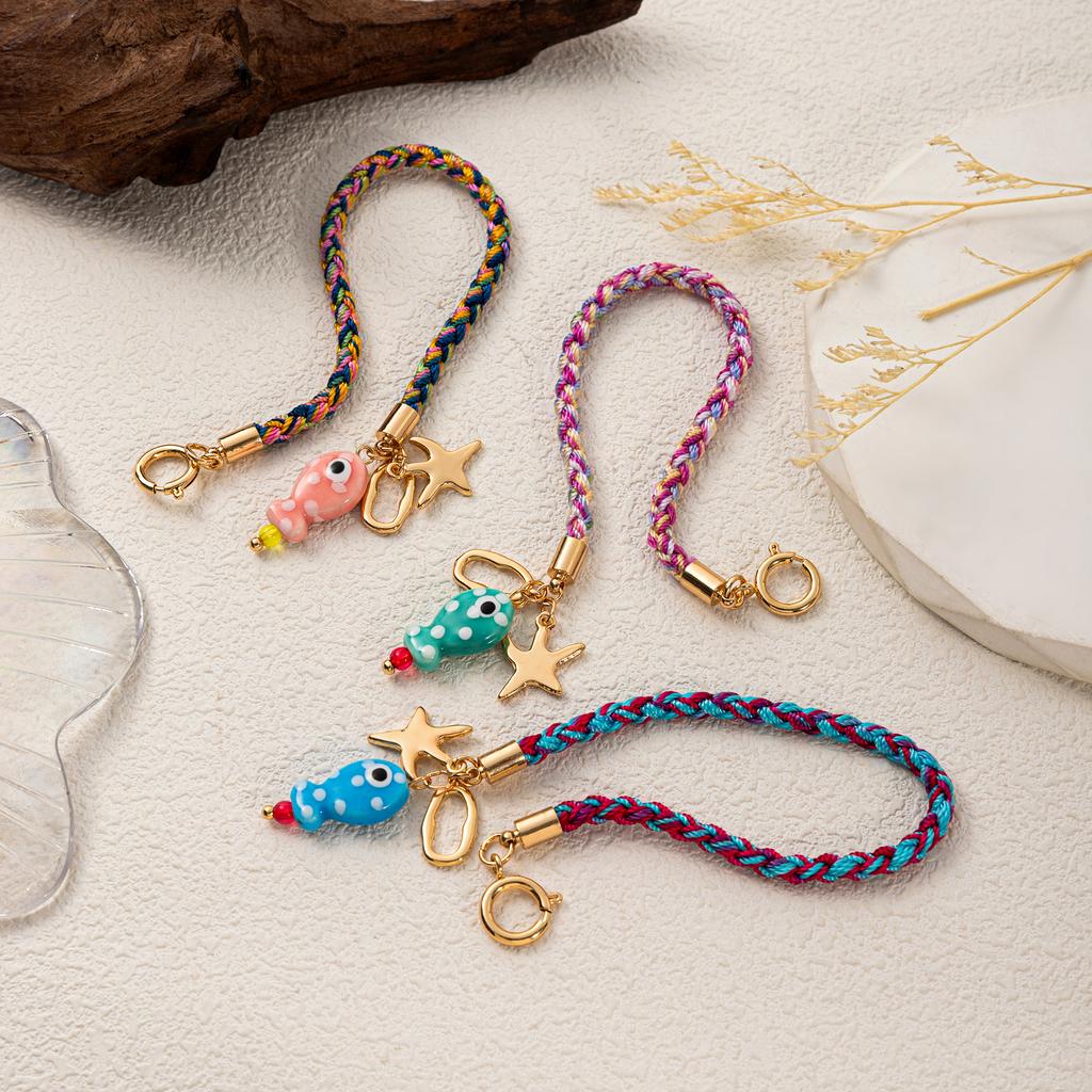 18K gold-plated stainless steel fish and starfish charm colorful woven rope bracelet, summer beach bohemian women's jewelry