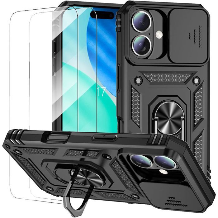 Protective Case for iPhone 17 - Shockproof - Black - Sliding Camera Protection - 2 Tempered Glasses Included