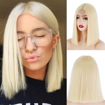 Women Natural Middle Part Straight Hair Wig Blond Blue Pink Hairpiece Synthetic Fiber Short Bob Hair Cosplay Party Daily