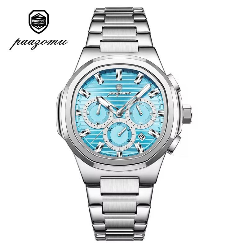 Mens Steel Chronograph Watches Square Octagon Dial Wrist Watch Waterproof Luminous Business Quartz Wristwatch for Men Full Silver