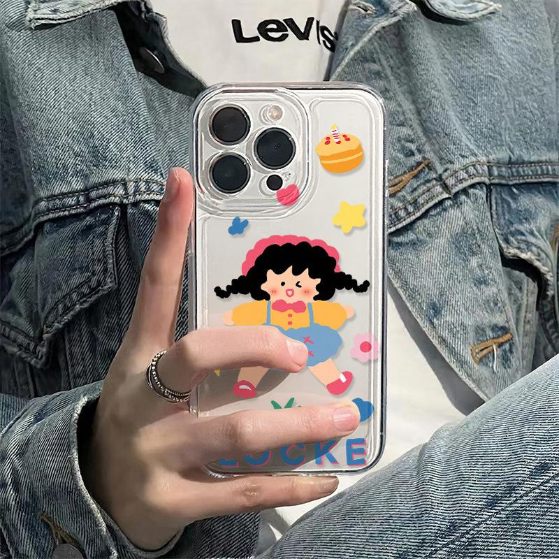 Cartoon pigtails girl for iPhone17 mobile phone case Apple 15promax fine hole soft case 16/14x