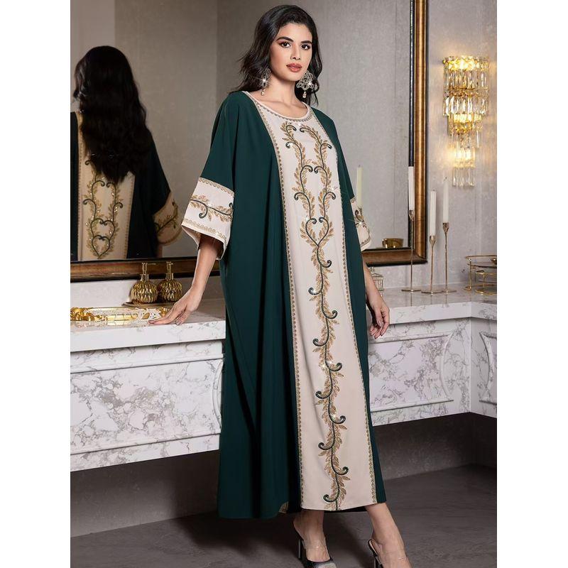 

New Middle East Blackish Green Patchwork Apricot Robe Sequined Embroidery Dress Sequin Embroidered Dress Dark green All yards