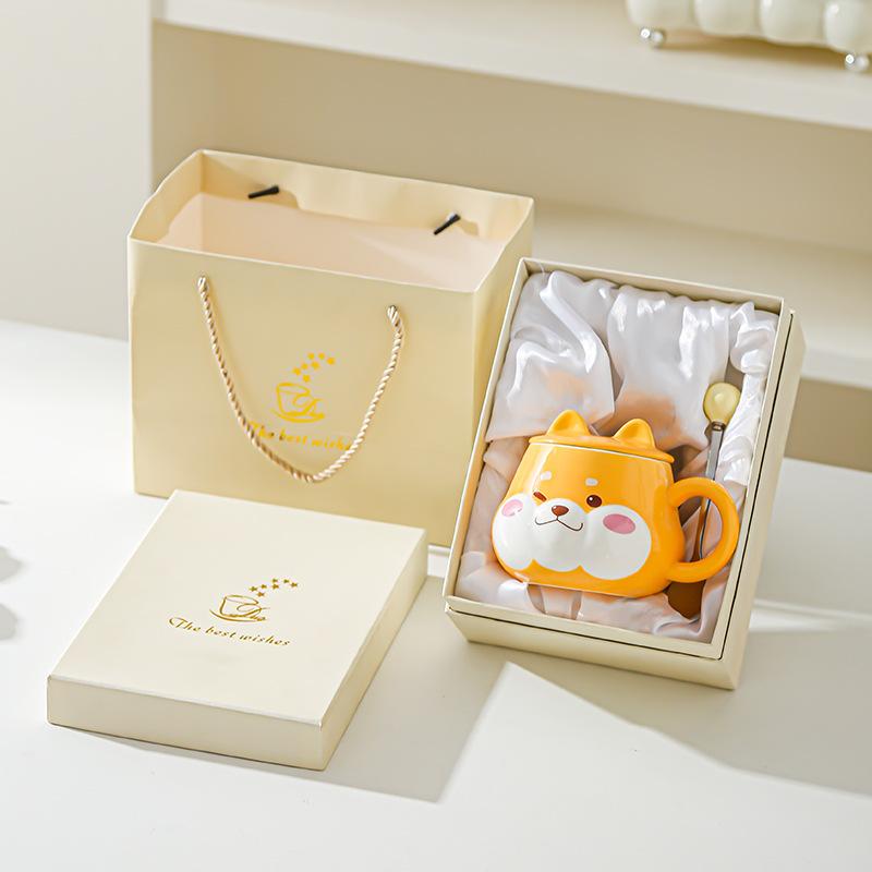 Roztomilý keramický hrnek na vodu Super roztomilý Shiba Inu Kreativní hrnek na vodu s víčkem Vysoký vzhled Narozeninový dárek Pár Domácí kancelářský hrnek