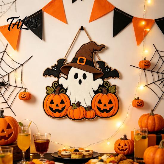Halloween Party Decor Wooden Ghost Welcome Sign for Front Door, Rustic Cartoon Hanging Pumpkin Supplies Plaque with Wizard Hat And Broom Holiday Wall