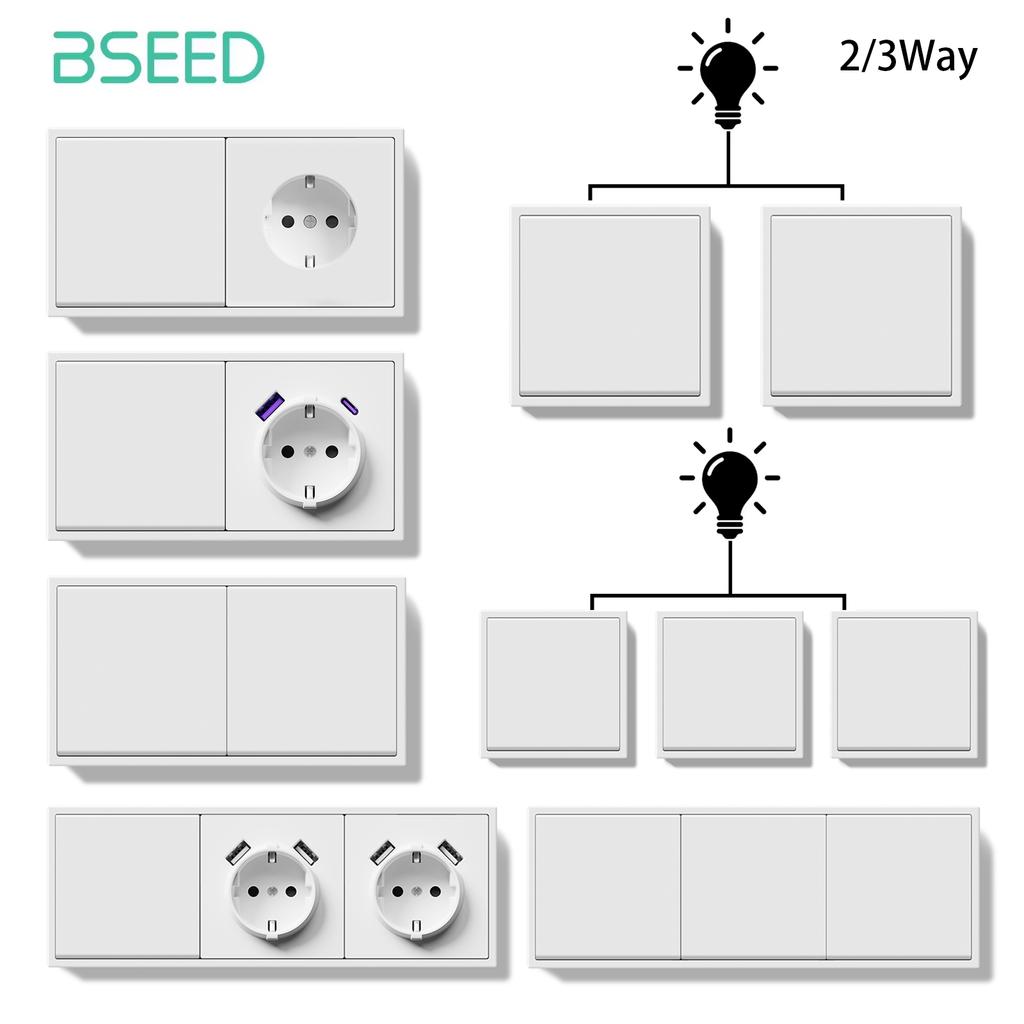 BSEEDInterruptores de Luz Mecânicos de 1 Tecla Botões Grandes 2/3 Vias Para Escadas Mais Tomadas de Energia UE Tomadas de Carregamento USBC Estrutura de Plástico