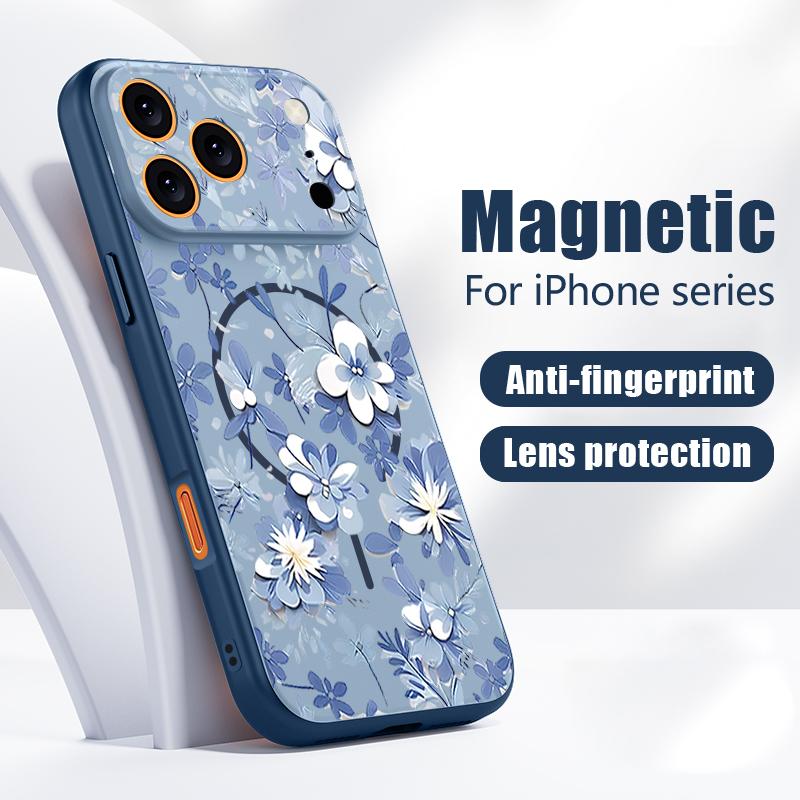 Magnetic For Magsafe Case For iPhone 17 Pro Max Blue and White Flowers Pattern Skin Feeling Cover For iPhone 16 15 14 13 Pro Max